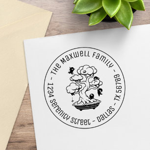 Tiny Ninjas in Bonsai Tree Family Address Round 2 Rubber Stamp