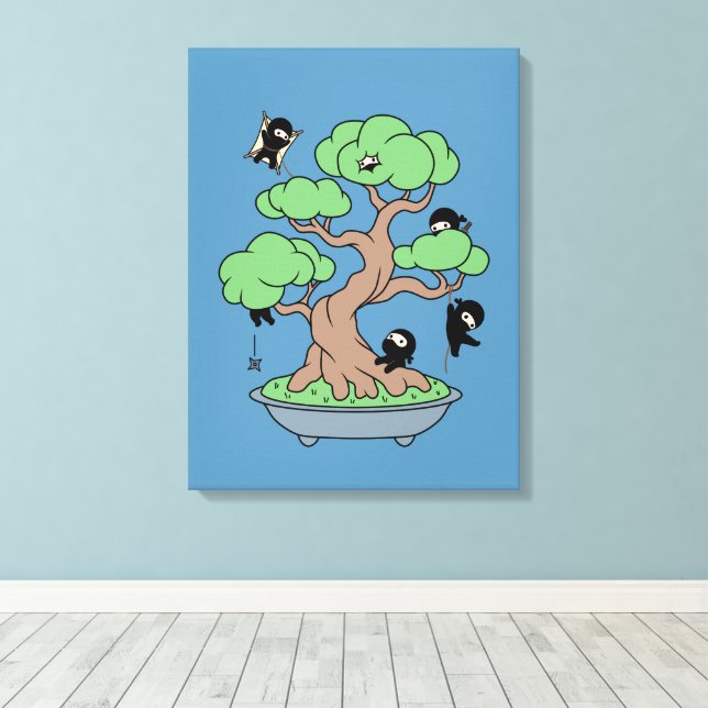 Tiny Ninjas in Bonsai Tree on Blue Canvas Print (Insitu(Wood Floor))