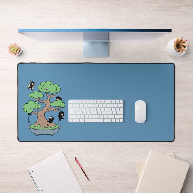 Tiny Ninjas in Bonsai Tree on Blue Desk Mat (Office 1)