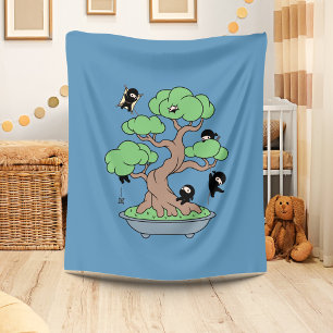 Tiny Ninjas in Bonsai Tree on Blue Fleece Blanket