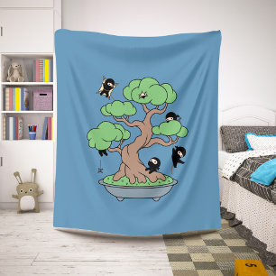 Tiny Ninjas in Bonsai Tree on Blue Sherpa Blanket