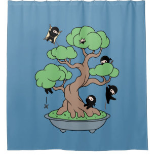 Tiny Ninjas in Bonsai Tree on Blue Shower Curtain
