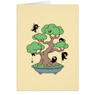 Tiny Ninjas in Bonsai Tree on Yellow Blank Card