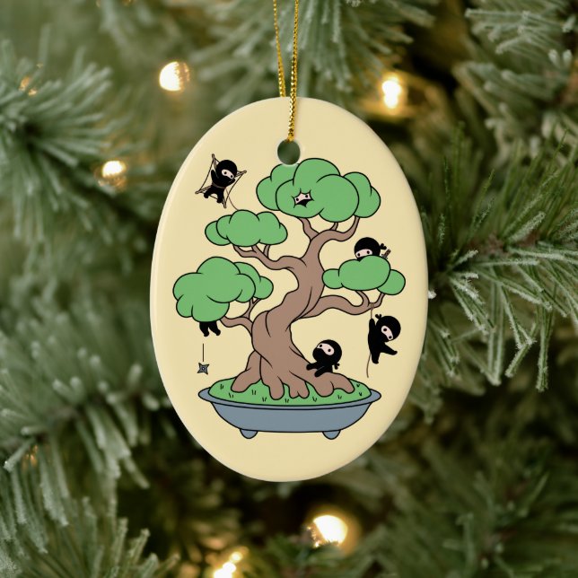 Tiny Ninjas in Bonsai Tree on Yellow Ceramic Ornament (Tree)