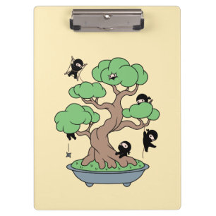 Tiny Ninjas in Bonsai Tree on Yellow Clipboard