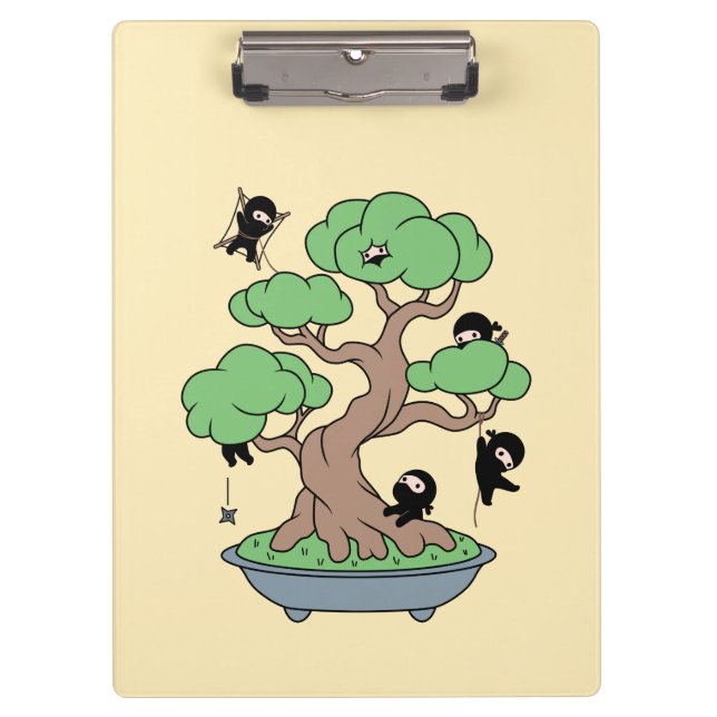 Tiny Ninjas in Bonsai Tree on Yellow Clipboard (Front)
