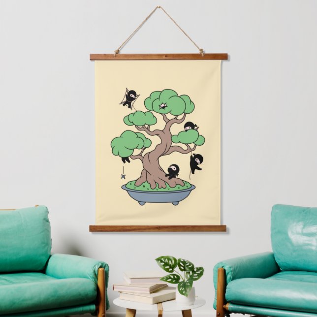 Tiny Ninjas in Bonsai Tree on Yellow Hanging Tapestry (Living Room)