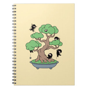 Tiny Ninjas in Bonsai Tree on Yellow Notebook