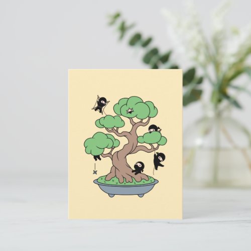 Tiny Ninjas in Bonsai Tree on Yellow Postcard