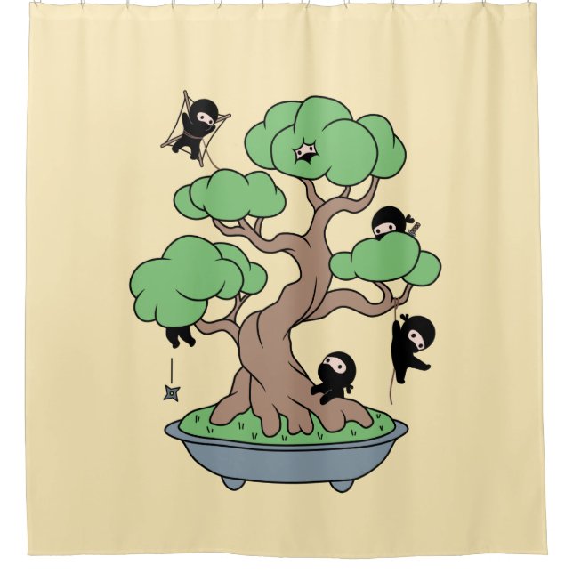 Tiny Ninjas in Bonsai Tree on Yellow Shower Curtain (Front)