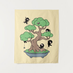 Tiny Ninjas in Bonsai Tree on Yellow Tapestry