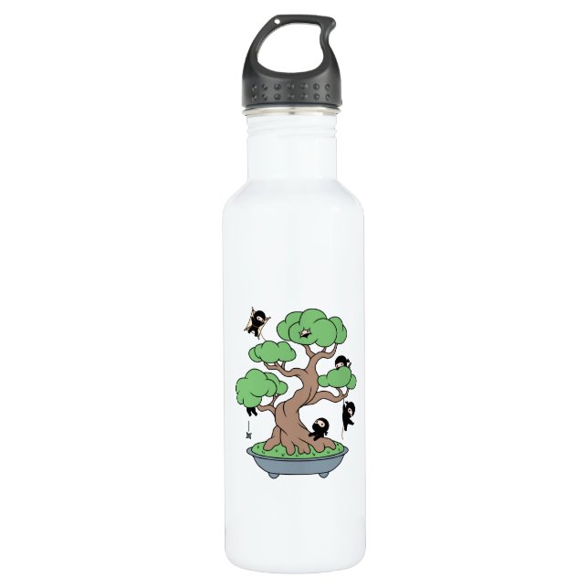 Tiny Ninjas in Bonsai Tree Stainless Steel Water Bottle (Front)