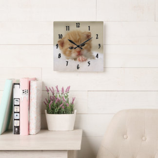 Tiny Orange Kitten Square Wall Clock