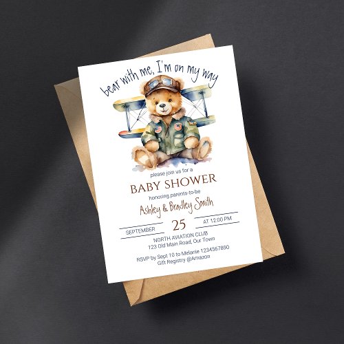 Tiny pilot cute teddy bear baby shower invitation