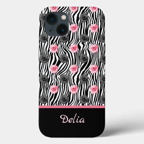 Tiny Pink and Gray Rose Pattern on Black Swirls iPhone 13 Case