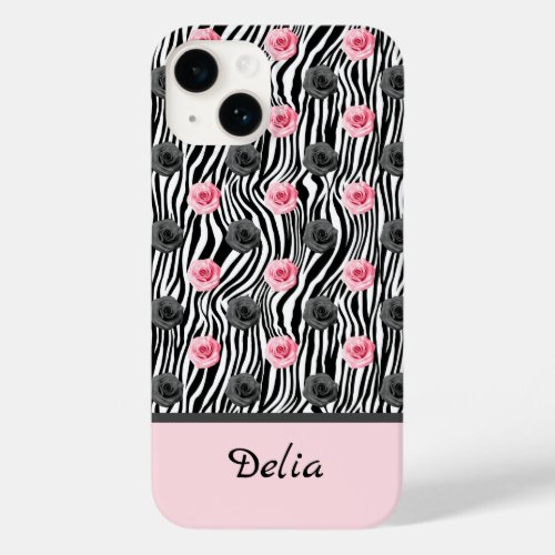 Tiny Pink and Gray Rose Pattern on Black Swirls Case_Mate iPhone 14 Case