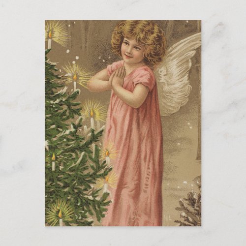 Tiny Pink Garbed Angle At Christmas Tree Holiday Postcard