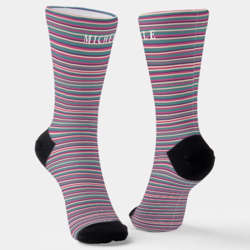 Tiny Pink Grey Horizontal Line Stripe Custom Name  Socks