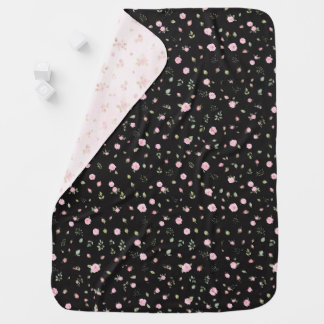 Tiny Pink Roses Baby Blanket - Black Ditsy Floral 