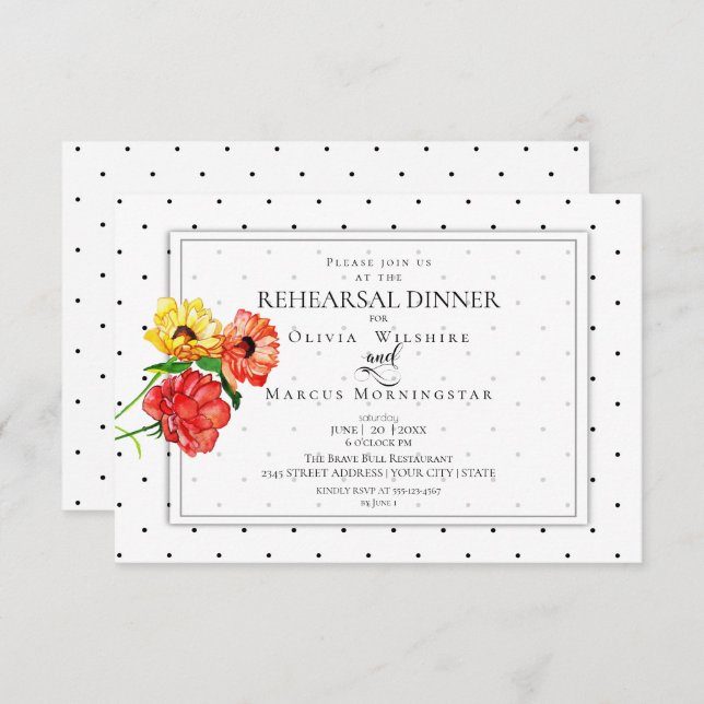 Tiny Polka Dots Bold Red and Yellow Flowers Invitation (Front/Back)