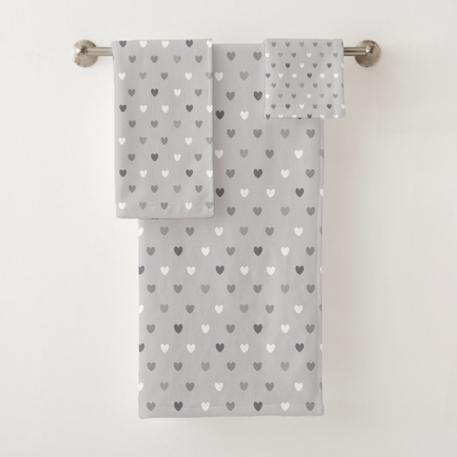 Tiny polka hearts in shades of gray bath towel set (Insitu)