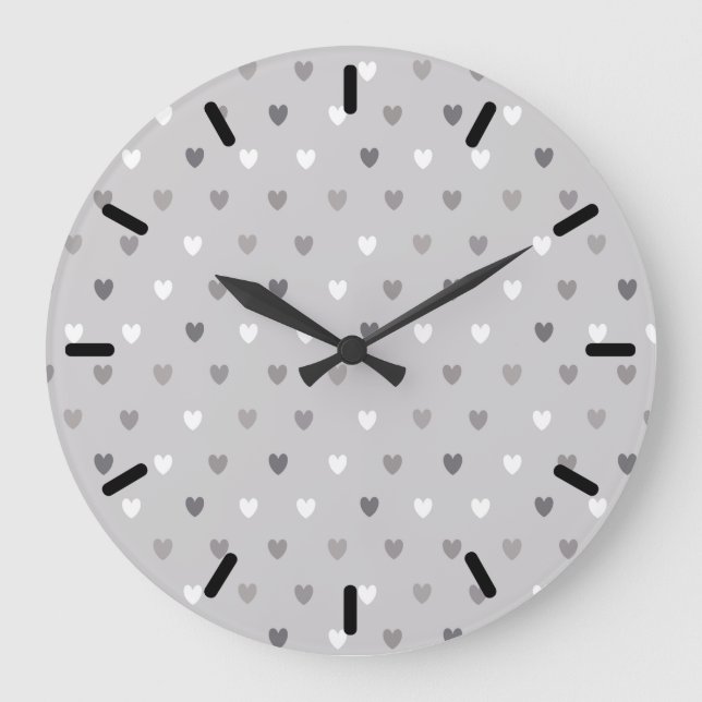 Tiny polka hearts in shades of gray large clock (Front)