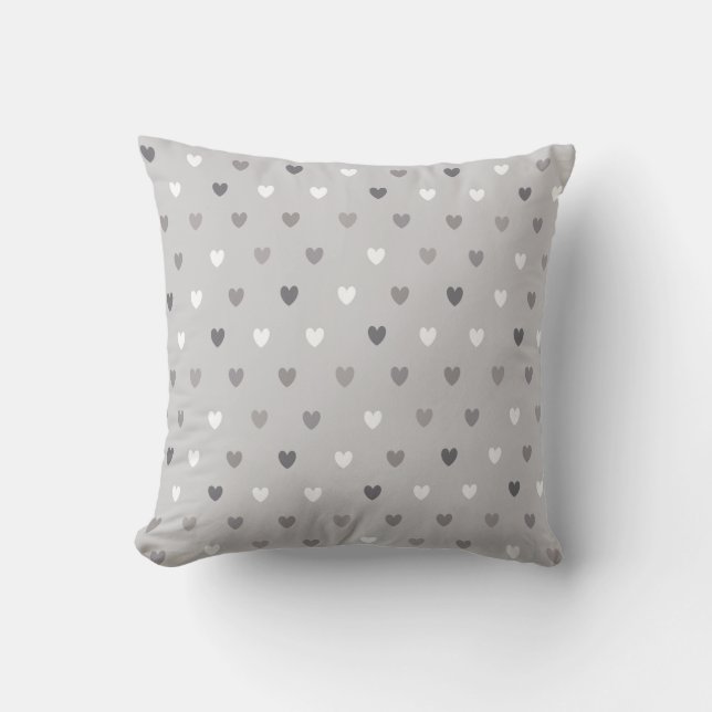 Tiny polka hearts in shades of gray throw pillow (Front)