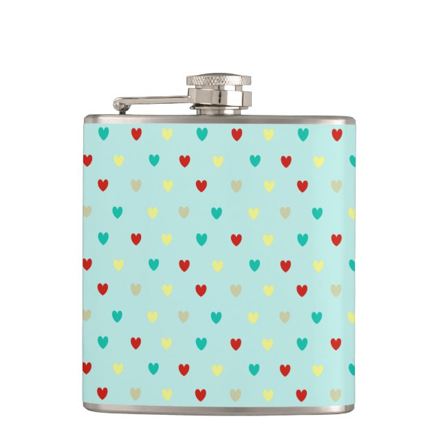 Tiny polka hearts on seafoam green flask (Front)