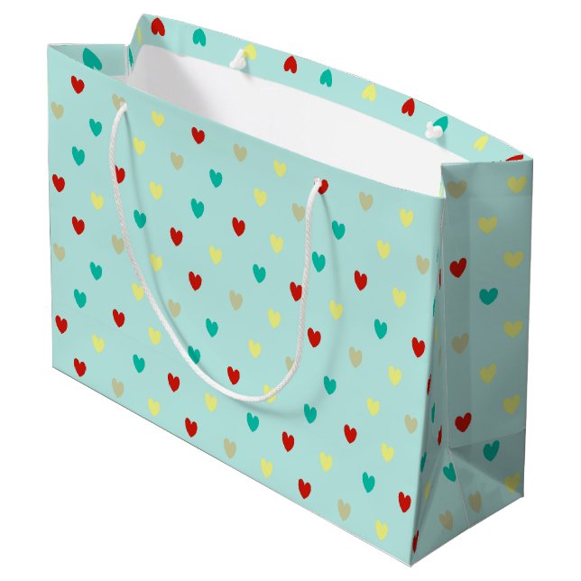 Tiny polka hearts on seafoam green large gift bag (Back Angled)