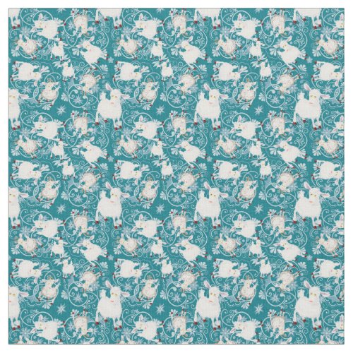 TINY PRINT for Masks Teal Cute Little White Goats Fabric