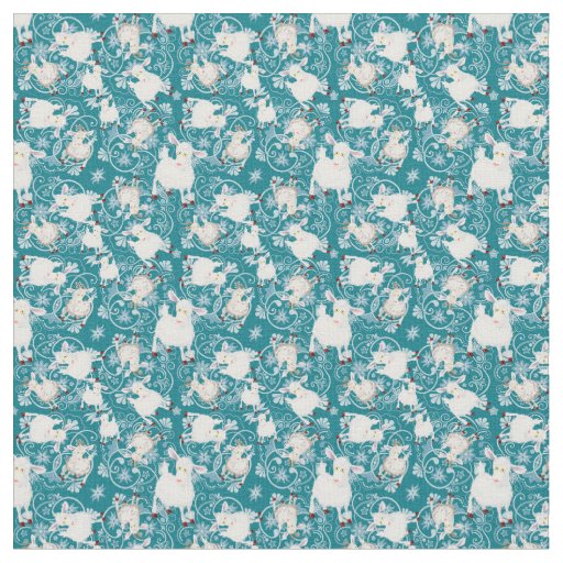 TINY PRINT for Masks Teal Cute Little White Goats Fabric