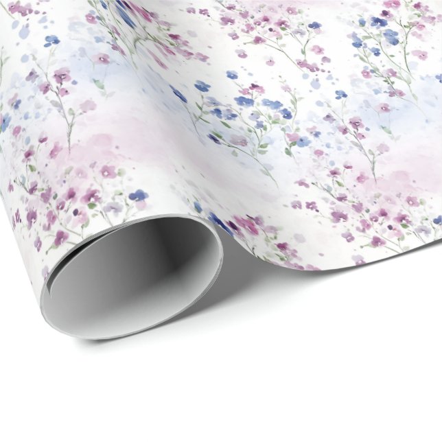 Tiny Purple & Blue Flowers on White Wrapping Paper (Roll Corner)