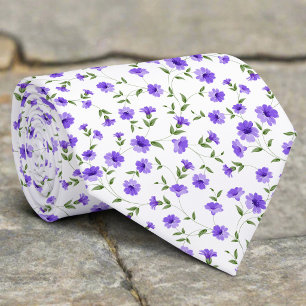 Tiny Purple Floral And Leaves On White Background Neck Tie
