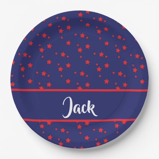 Tiny red stars on blue paper plates (Front)