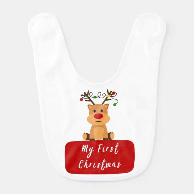 Tiny Reindeer & Festive Lights My First Christmas Baby Bib (Front)
