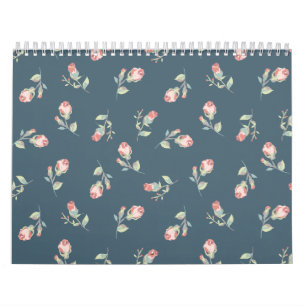 Tiny Rosebuds Navy & Pink Rose Floral Print Calendar