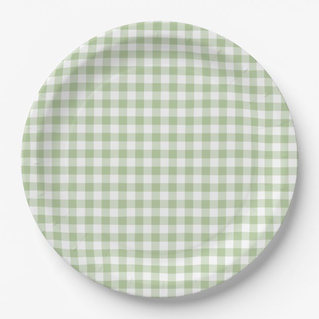 Tiny Sage and White Gingham Paper Plates (Front)