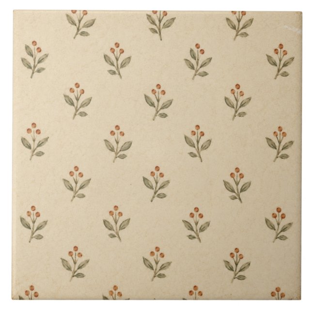 Tiny Sage Botanical Sprig Cottage Pattern Ceramic Tile (Front)