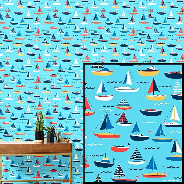 Tiny Sailing Boats in the Sea, Nautical Aqua Blue  Wallpaper (Creator Uploaded)