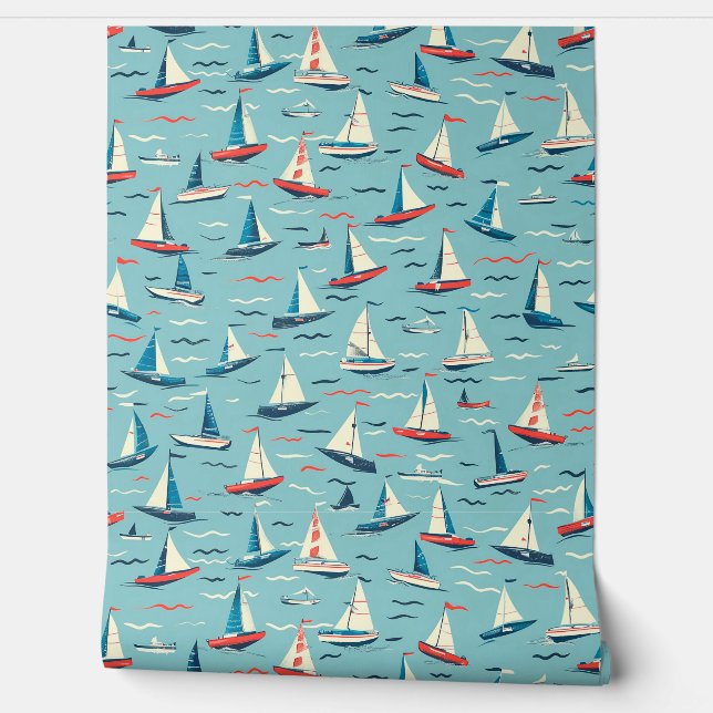 Tiny Sailing Ships Boats in Waves Red Blue White Wallpaper (Unrolling)