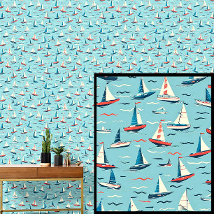 Tiny Sailing Ships Boats in Waves Red Blue White Wallpaper
