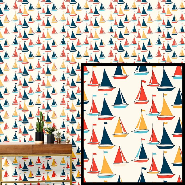 Tiny Sailing Ships Boats, Nautical Red Blue Yellow Wallpaper (Creator Uploaded)