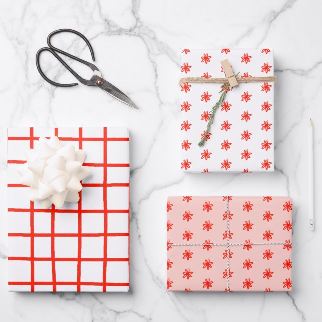 Tiny Scribbled Daisies Grid Whimsical Red Pink Set Wrapping Paper Sheets (Front)