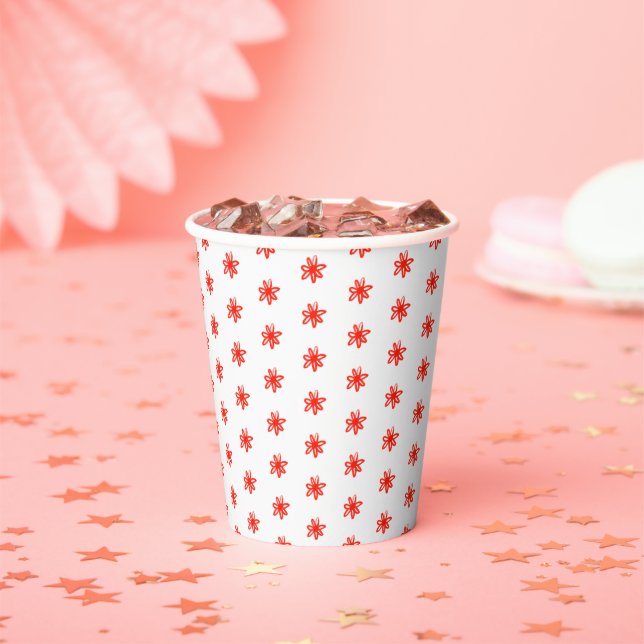 Tiny Scribbled Daisies Rustic Whimsical Red White Paper Cups (Insitu)