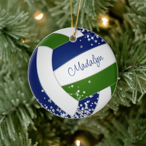 tiny silve stars blue green volleyball team colors ceramic ornament
