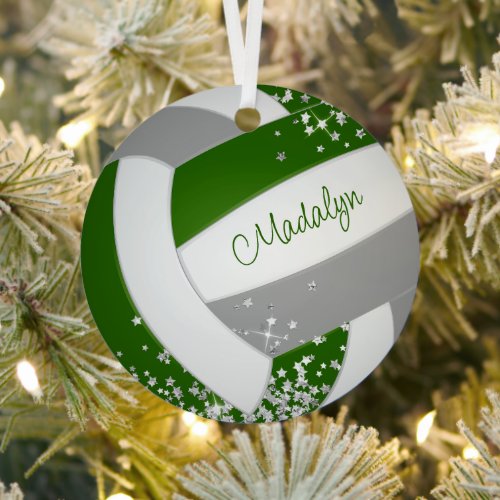 tiny silver stars accent green gray volleyball metal ornament
