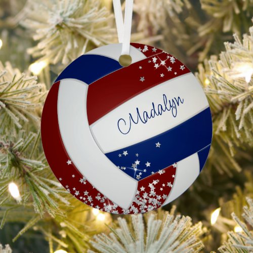 tiny silver stars accent maroon blue volleyball metal ornament