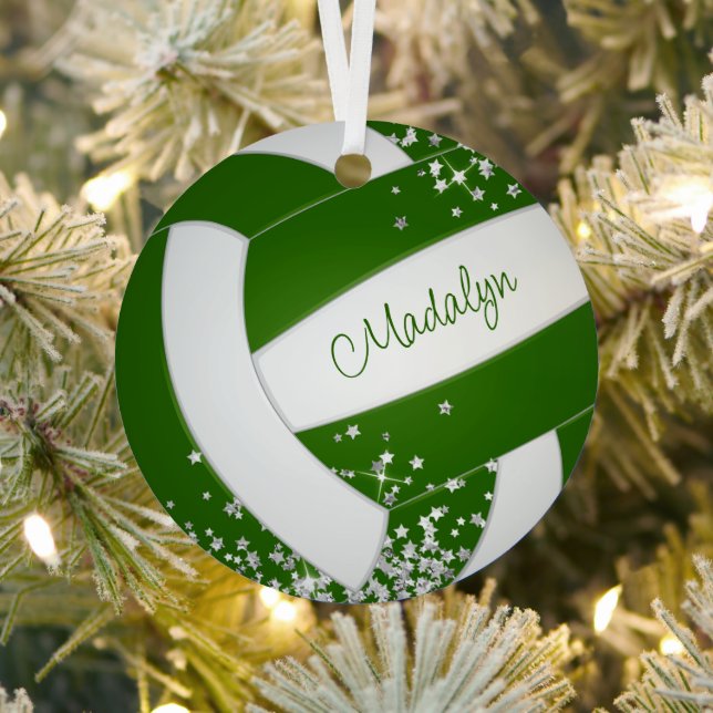 tiny silver stars green girls volleyball keepsake  metal ornament (Insitu)