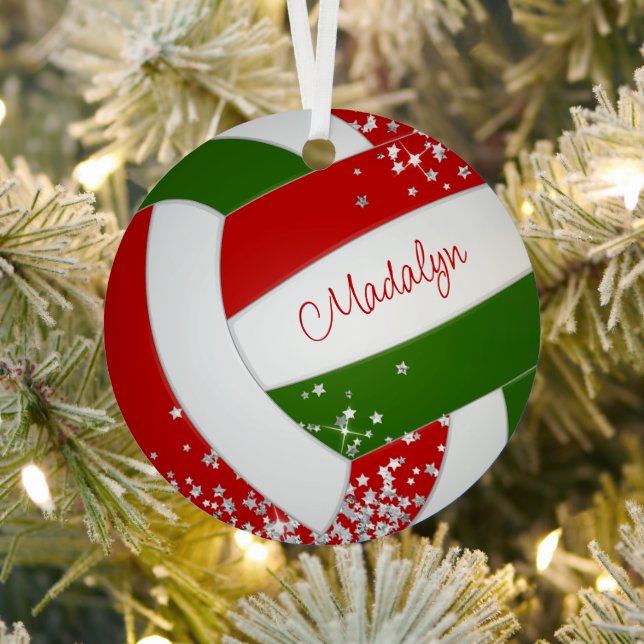 tiny silver stars red green keepsake volleyball metal ornament (Insitu)