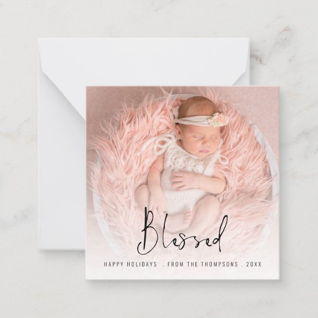 TINY SIZE | Blessed Photo Script Name Year Holiday Note Card (Front)